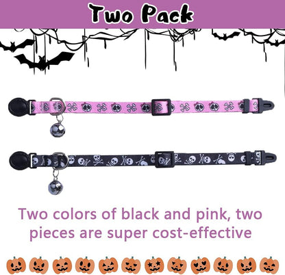 Breakaway Cat Collar with Bell Charm, 2 Packs Adjustable Kitty Collars Pink & Black Skull Pattern, 7.8-11.8 In