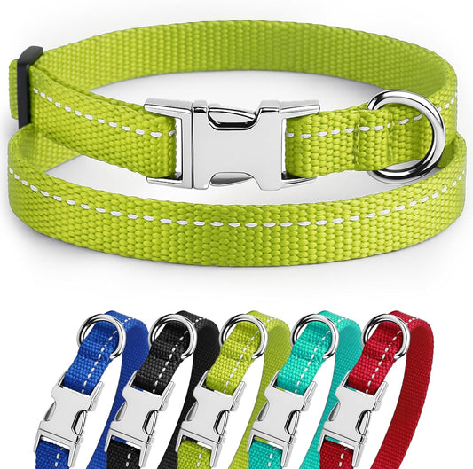 Small Dog Collar Nylon Reflective Puppy Collar Adjustable with Metal Buckle Black Pink Mint Green Lime Orange Red Purple Blue (Neck Fit 7"-11", Lime Green)